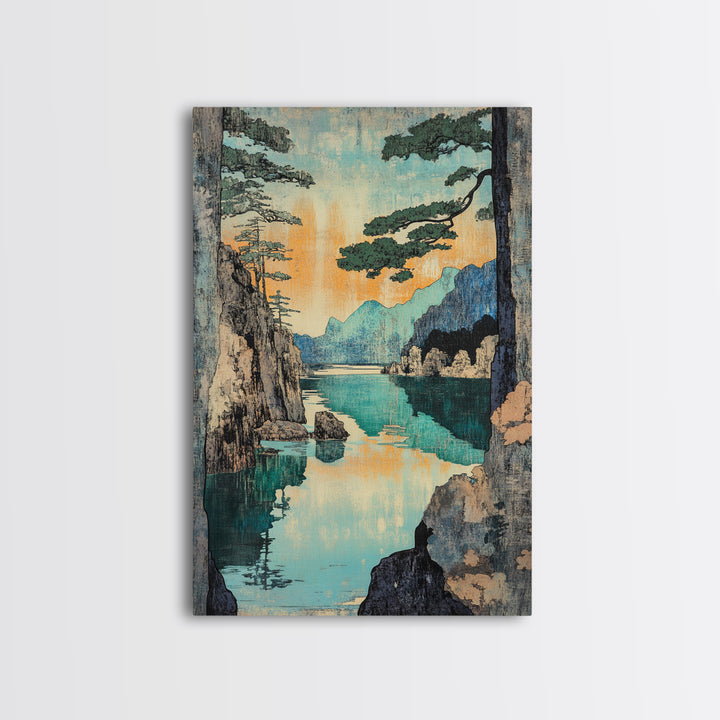 Turquoise Mountain Lake And Pine Cliffs Wall Art, Japanese Landscape Print, Serene Nature Decor, Japandi Calming Bedroom Art