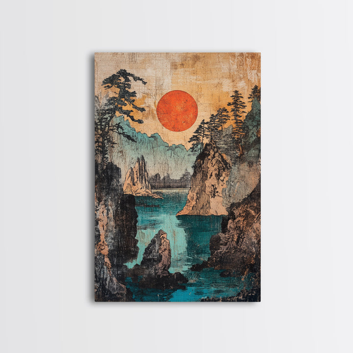 Red Sun Over Rugged Mountain Cove Framed Canvas Print, Japanese Landscape Art, Coastal Wall Decor, Large Living Room Art