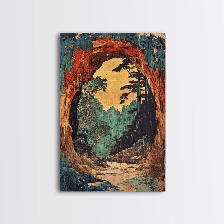 Cave Arch Forest Path And Mountain View Wall Art, Japanese Woodblock Style Print, Rustic Japandi Decor, Statement Artwork