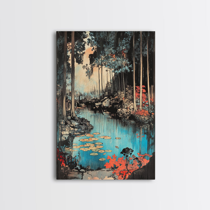 Forest Pond With Lily Pads And Red Foliage Canvas Print, Japanese Nature Wall Art, Moody Woodland Wall Decor For Bedroom