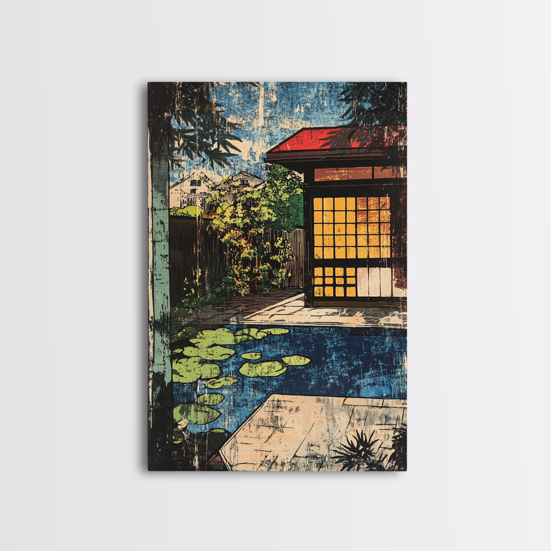 Japanese Tea House By Koi Pond And Glowing Garden Wall Art, Japandi Canvas Print, Zen Home Decor, Serene Living Room Decor