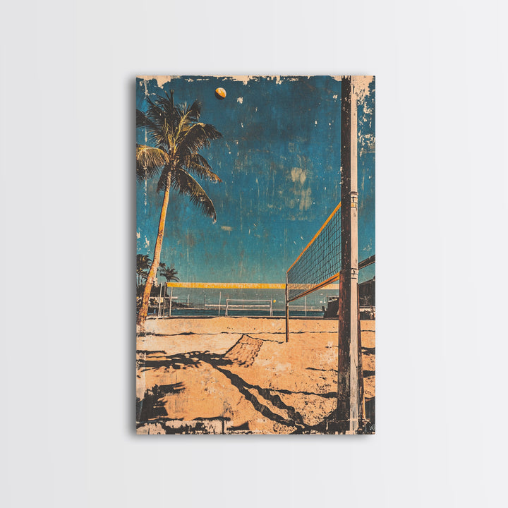 Beach Volleyball Court With Palm Tree And Ocean Wall Art, Tropical Coastal Canvas Print, Summer Decor For Modern Beach House