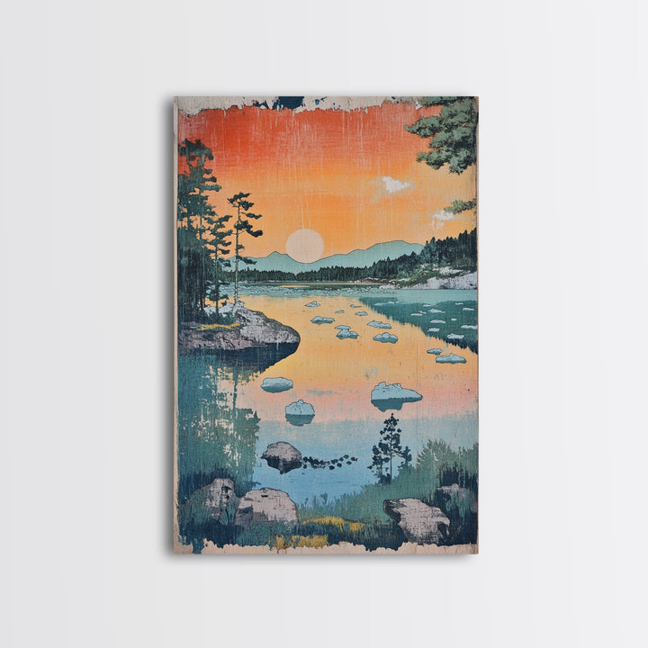 Orange Sunset Lake Landscape Canvas Print, Mountain Wall Art, Japandi Nature Print, Cabin Decor, Living Room Wall Art, Housewarming Gift