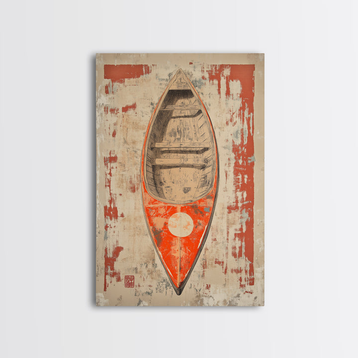 Red Canoe From Above Wall Art, Rustic Boat Canvas Print, Nautical Lake House Decor, Minimalist Coastal Gift For Him, Home Decor
