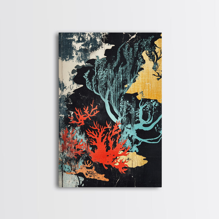 Red Coral And Teal Seaweed Wall Art, Japanese Ocean Canvas Print, Coastal Bathroom Decor, Abstract Marine Life Art Print