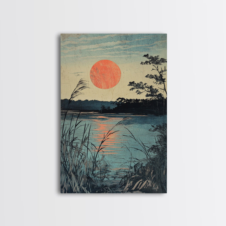 Quiet Lake Sunset With Reeds Wall Art, Japanese Landscape Canvas Print, Tranquil Coastal Decor, Serene Nature Fine Art Print