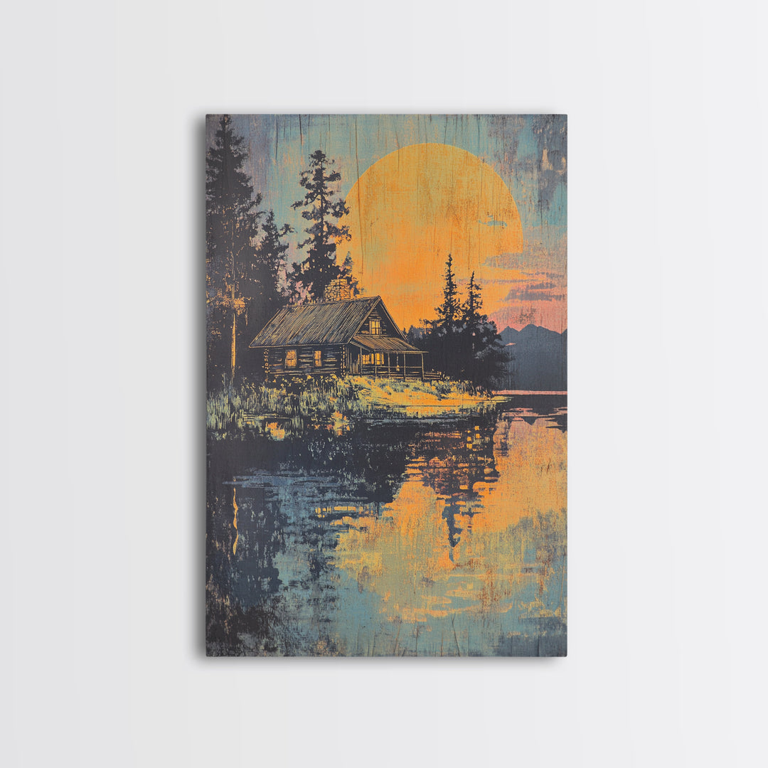Moonlit Cabin Lake Wall Art, Forest Reflection Canvas Print, Rustic Landscape Poster, Cozy Lodge Living Room Decor, Home Decor