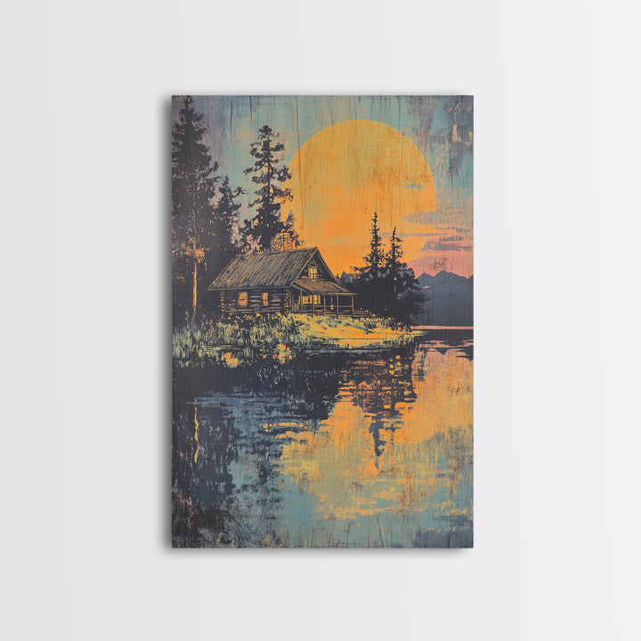 Moonlit Cabin Lake Wall Art, Forest Reflection Canvas Print, Rustic Landscape Poster, Cozy Lodge Living Room Decor, Home Decor
