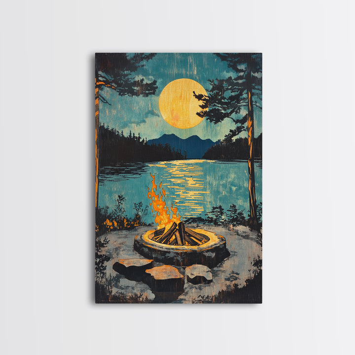Campfire Moon Lake Canvas Print, Rustic Cabin Wall Art, Forest Landscape Poster, Cozy Camping Decor Gift For Him, Man Cave Decor