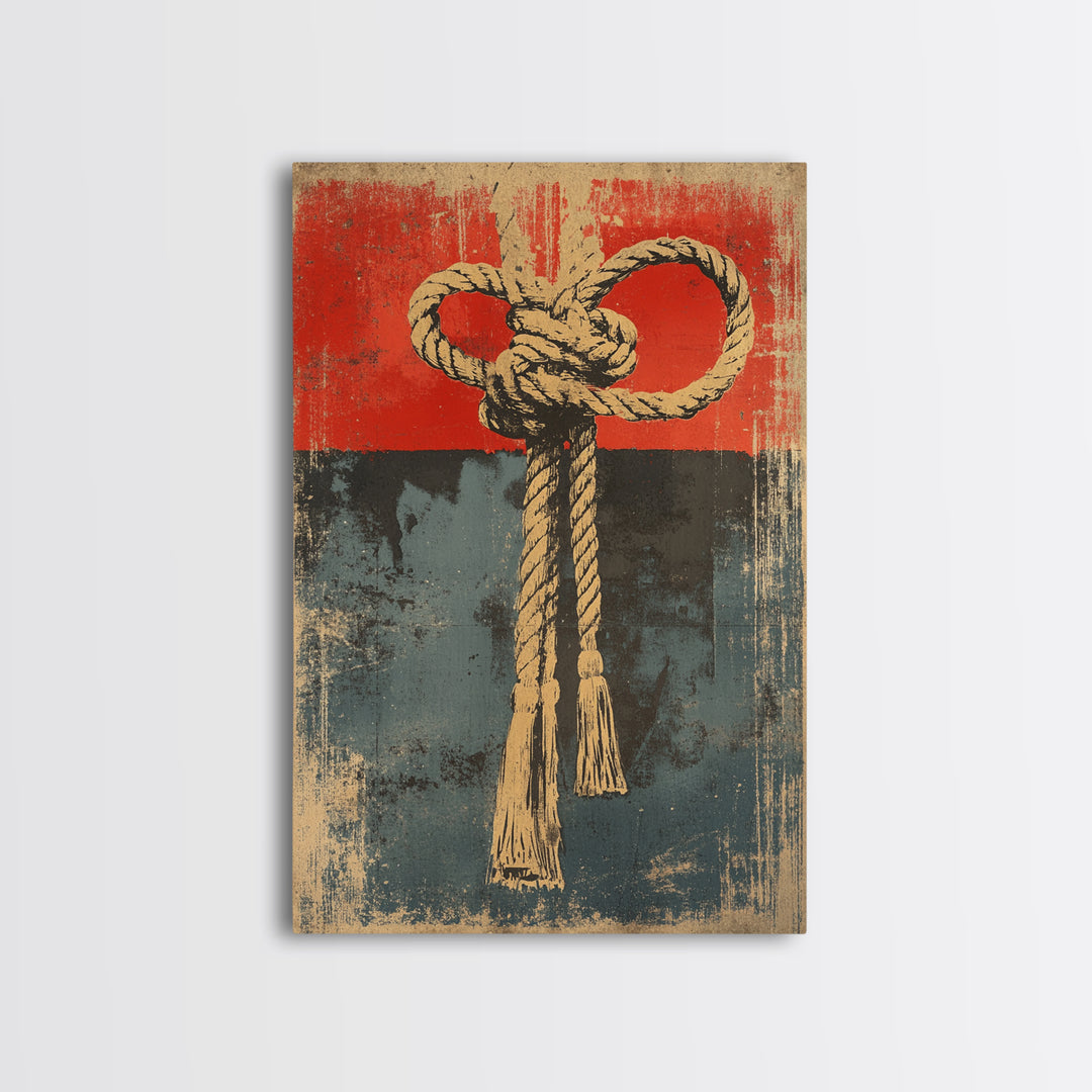 Nautical Rope Knot Canvas Print, Rustic Red And Blue Coastal Wall Decor, Maritime Art Print For Beach House And Man Cave