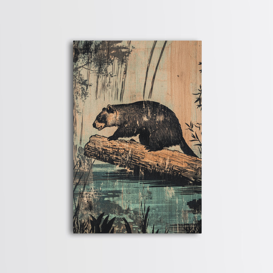 Black Bear On Log Wall Art, Rustic Wildlife Painting Style, Woodland Animal Decor, Cabin Nature Art Print For Living Room