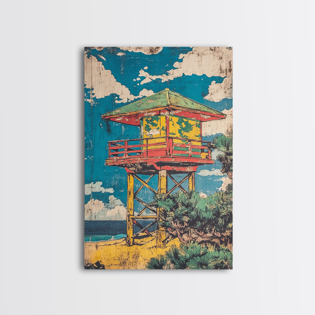Colorful Beach Lifeguard Tower Wall Art, Retro Coastal Travel Poster, Tropical Ocean Decor, Summer Beach House Art Print