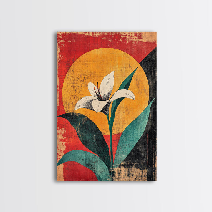 White Lily Flower Canvas Print, Bold Red Yellow Botanical Wall Decor, Mid Century Floral Art Print For Modern Living Room