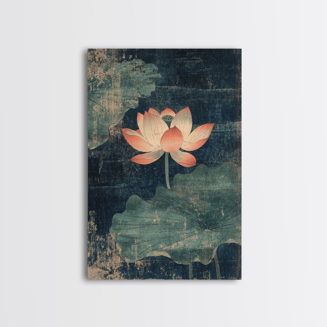 Pink Lotus Pond Wall Art, Dark Teal Botanical Canvas Print, Zen Water Lily Decor, Asian Inspired Spa And Meditation Room