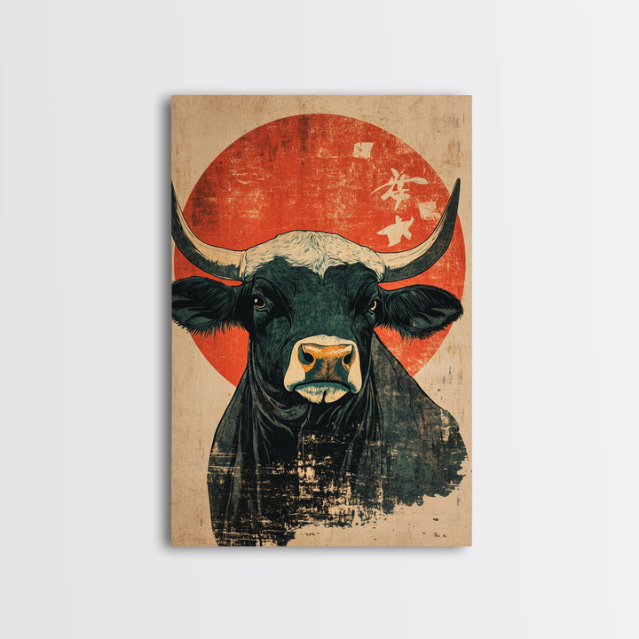 Black Bull Red Sun Canvas Print, Rustic Farm Animal Wall Art, Western Japandi Decor, Bold Kitchen Art, Housewarming Gift