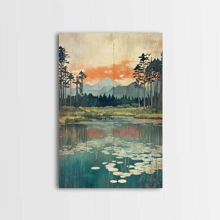 Mountain Lake Lily Pads Framed Canvas Print, Serene Landscape Wall Art, Japandi Nature Decor, Living Room Home Decor, Office Wall Art