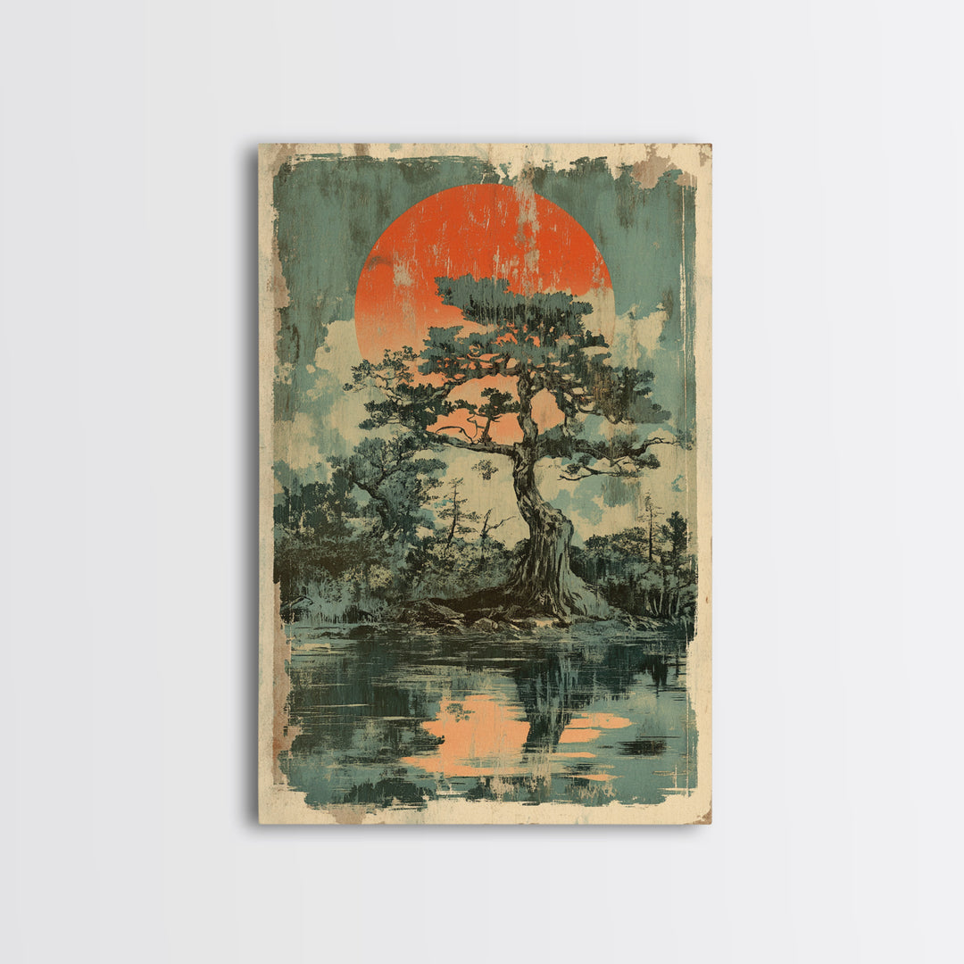 Pine Tree Island Red Sun Wall Art, Moody Japanese Landscape Print, Japandi Lake Decor, Serene Nature Framed Canvas Print