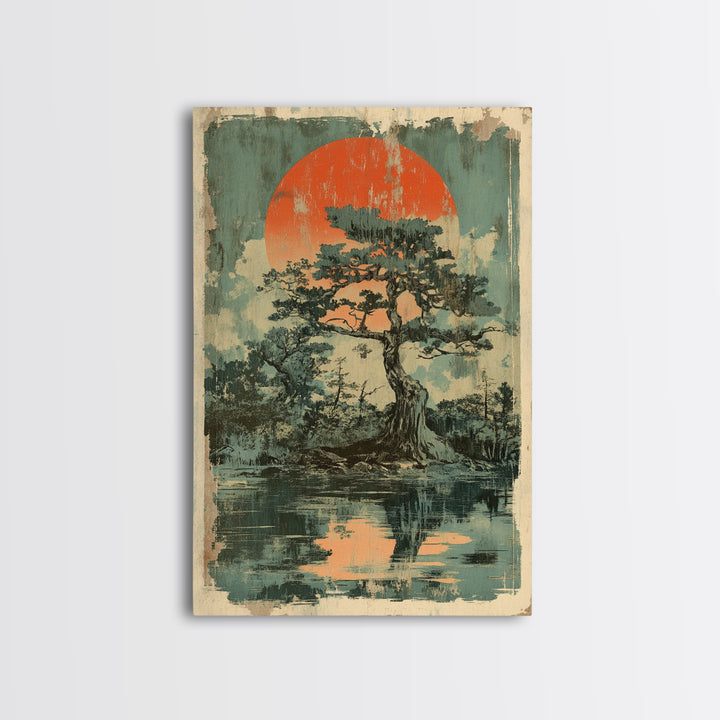 Pine Tree Island Red Sun Wall Art, Moody Japanese Landscape Print, Japandi Lake Decor, Serene Nature Framed Canvas Print