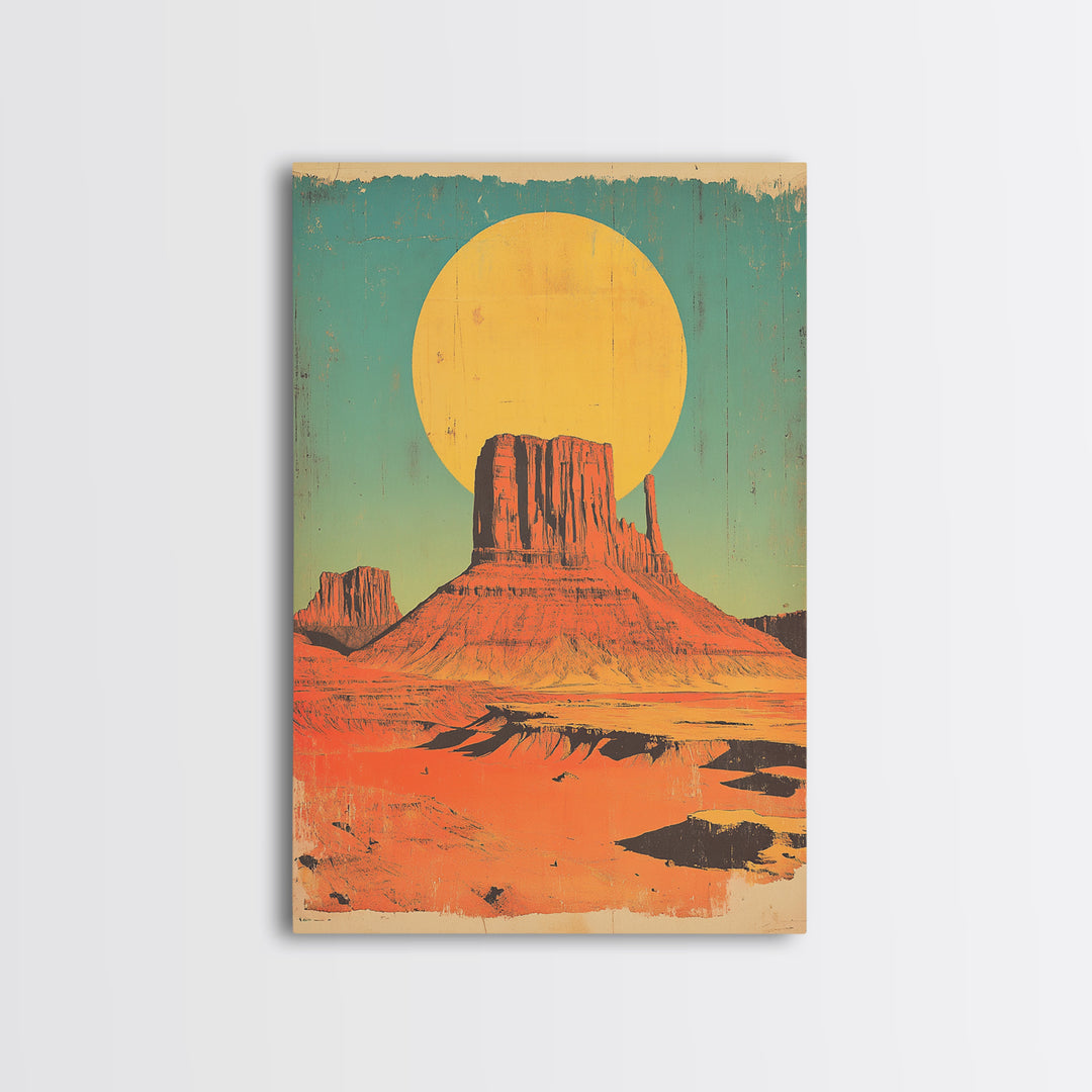 Desert Mesa With Golden Sun Canvas Print, Southwestern Wall Art, Retro Western Landscape Poster, Boho Earth Tone Decor Gift