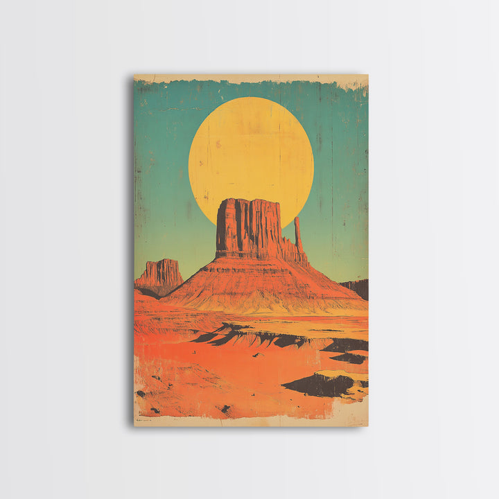 Desert Mesa With Golden Sun Canvas Print, Southwestern Wall Art, Retro Western Landscape Poster, Boho Earth Tone Decor Gift
