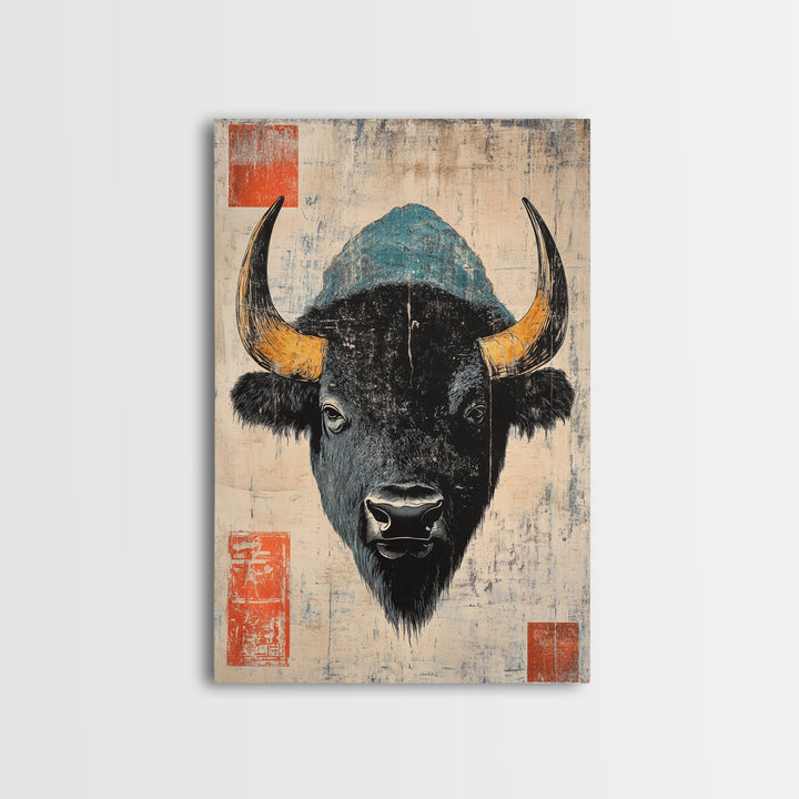 Black Bison Portrait Wall Art, Rustic Wildlife Art Print, Western Animal Wall Decor, Lodge Cabin Canvas Print Gift For Him