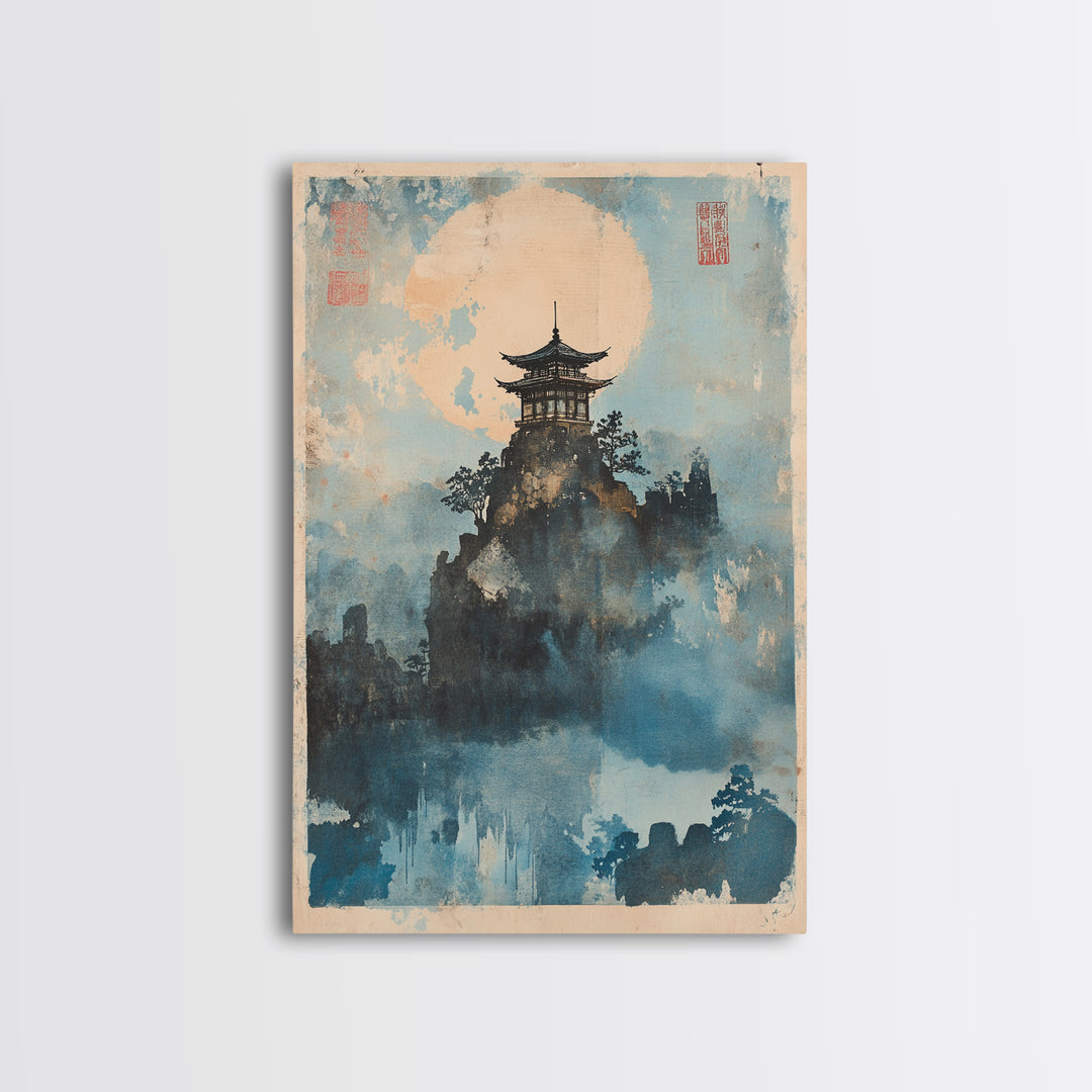 Misty Pagoda Moon Wall Art, Japanese Landscape Art Print, Zen Asian Wall Decor, Meditation Room Framed Canvas Print Gift