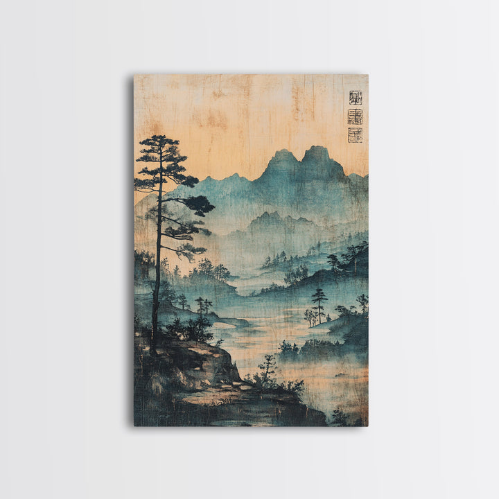 Blue Mist Mountain Landscape Wall Art, Japanese Ink Painting Print, Zen Nature Wall Decor, Japandi Living Room Decor Gift