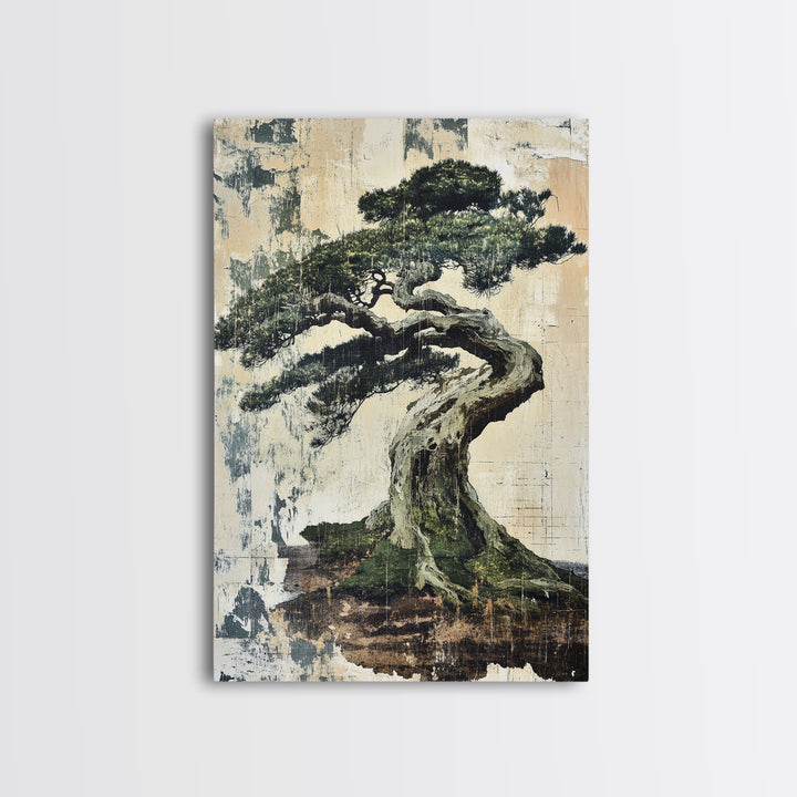 Twisted Windswept Bonsai Tree Wall Art, Japandi Nature Print, Zen Home Decor, Botanical Wall Decor, Framed Canvas Print, Office Decor