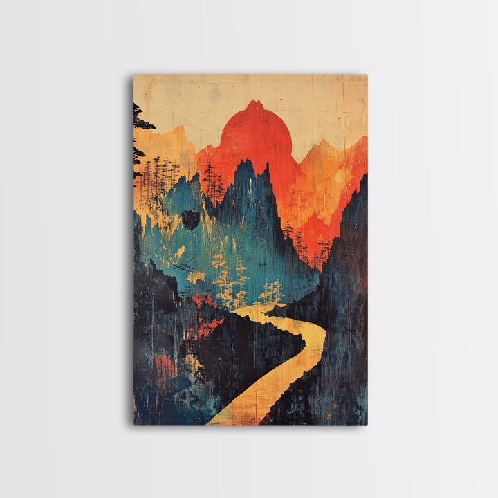 Red Sun Mountain River Wall Art, Abstract Landscape Print, Japandi Wall Decor, Organic Modern Art, Large Canvas Print, Statement Artwork