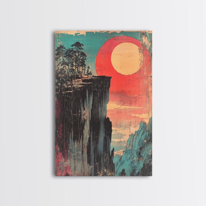 Cliffside Forest With Red Sun Wall Art, Retro Japanese Print, Japandi Decor, Bold Landscape, Framed Canvas Print, Large Wall Art