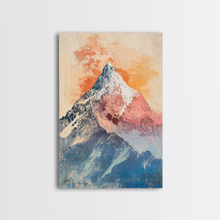 Snowy Alpine Mountain Peak Wall Art, Pastel Landscape Print, Nature Wall Decor, Bedroom Decor, Framed Canvas Print, Blue Bedroom Art
