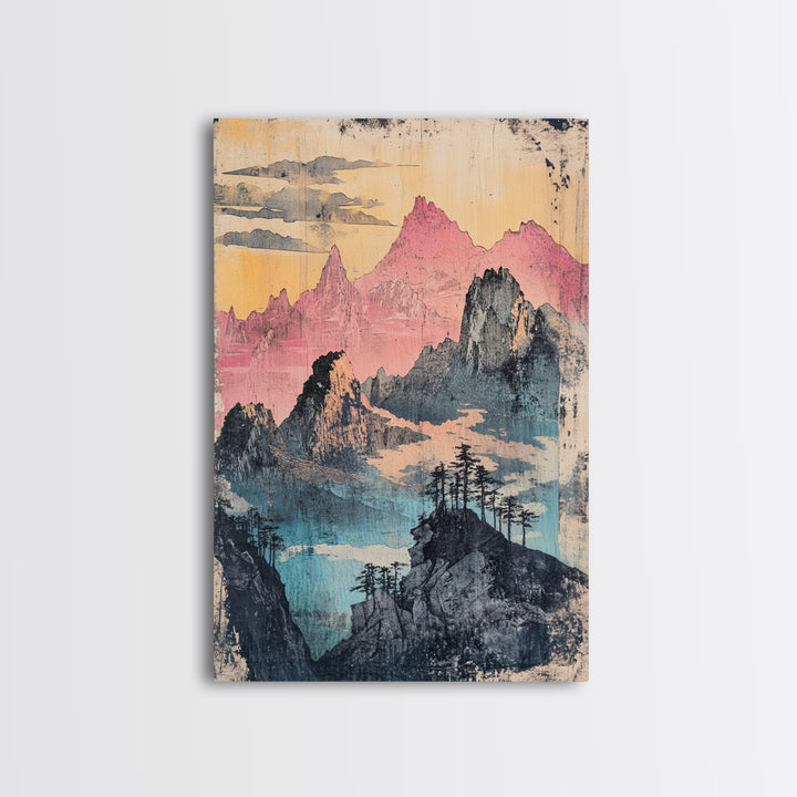 Misty Pink Mountain Range Wall Art, Abstract Landscape Print, Japandi Wall Decor, Gallery Wall Art, Large Canvas Print, Pastel Wall Art