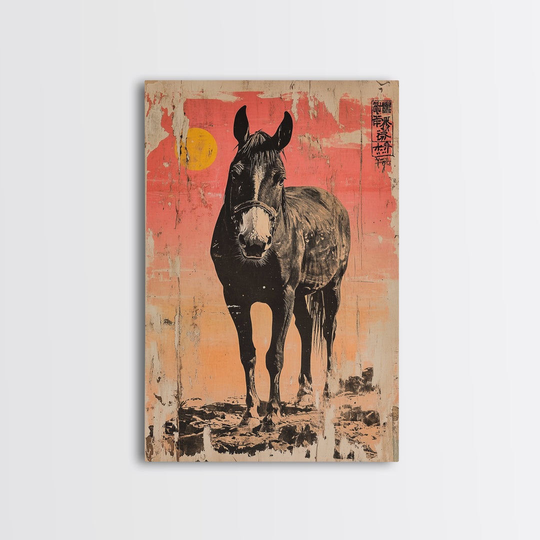 Black Horse Portrait At Sunset Framed Canvas Print, Equestrian Wall Art, Western Decor, Horse Lover Gift, Rustic Home Decor