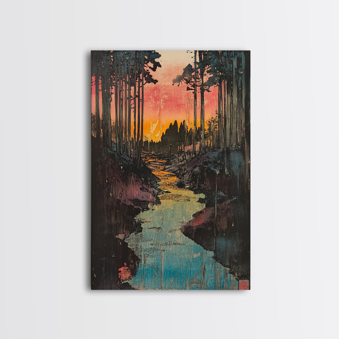 Sunset Forest River Canvas Print, Japanese Landscape Wall Art, Nature Wall Decor, Rustic Home Decor, Calming Living Room Art