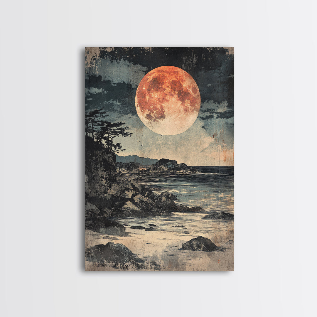 Full Moon Rocky Coast Canvas Print, Japanese Seascape Wall Art, Moody Wall Decor, Coastal Wall Art, Dark Academia Decor
