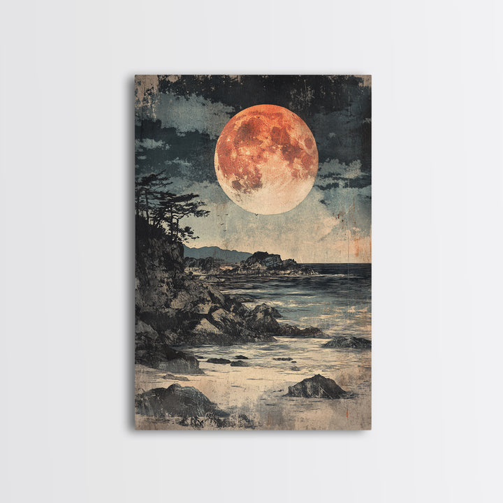 Full Moon Rocky Coast Canvas Print, Japanese Seascape Wall Art, Moody Wall Decor, Coastal Wall Art, Dark Academia Decor