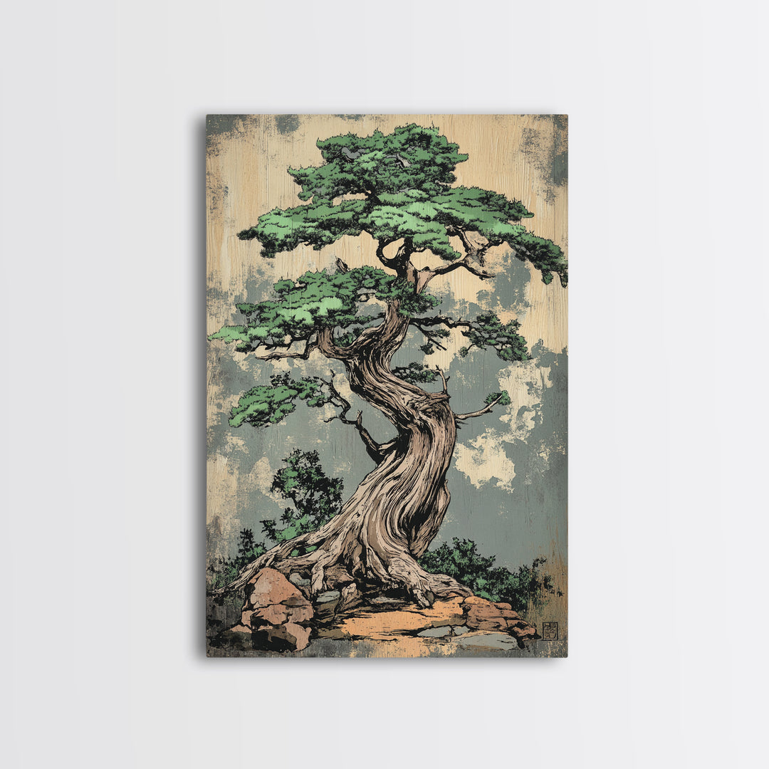 Twisted Bonsai Tree Wall Art, Japanese Zen Canvas Print, Nature Inspired Decor, Japandi Wall Decor, Calming Living Room Art
