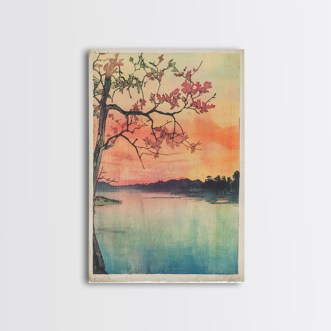 Cherry Blossom Lake Wall Art, Japanese Sunset Canvas Print, Serene Landscape Decor, Pink Floral Art, Bedroom Wall Decor Print
