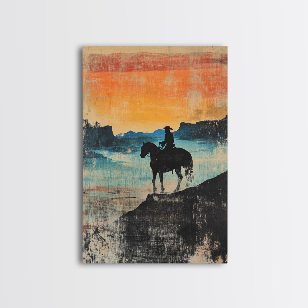 Cowboy Canyon Sunset Wall Art, Western Horse Canvas Print, Rustic Landscape Decor, Southwestern Art, Gift For Him, Living Room Decor