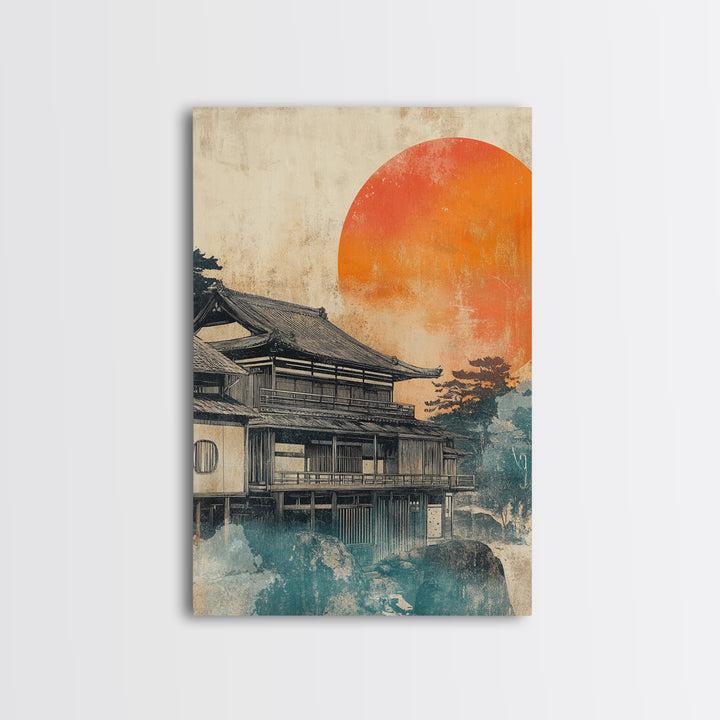 Japanese Tea House Framed Canvas Print, Orange Sun Wall Art, Ukiyo E Landscape Decor, Japandi Art, Modern Living Room Decor