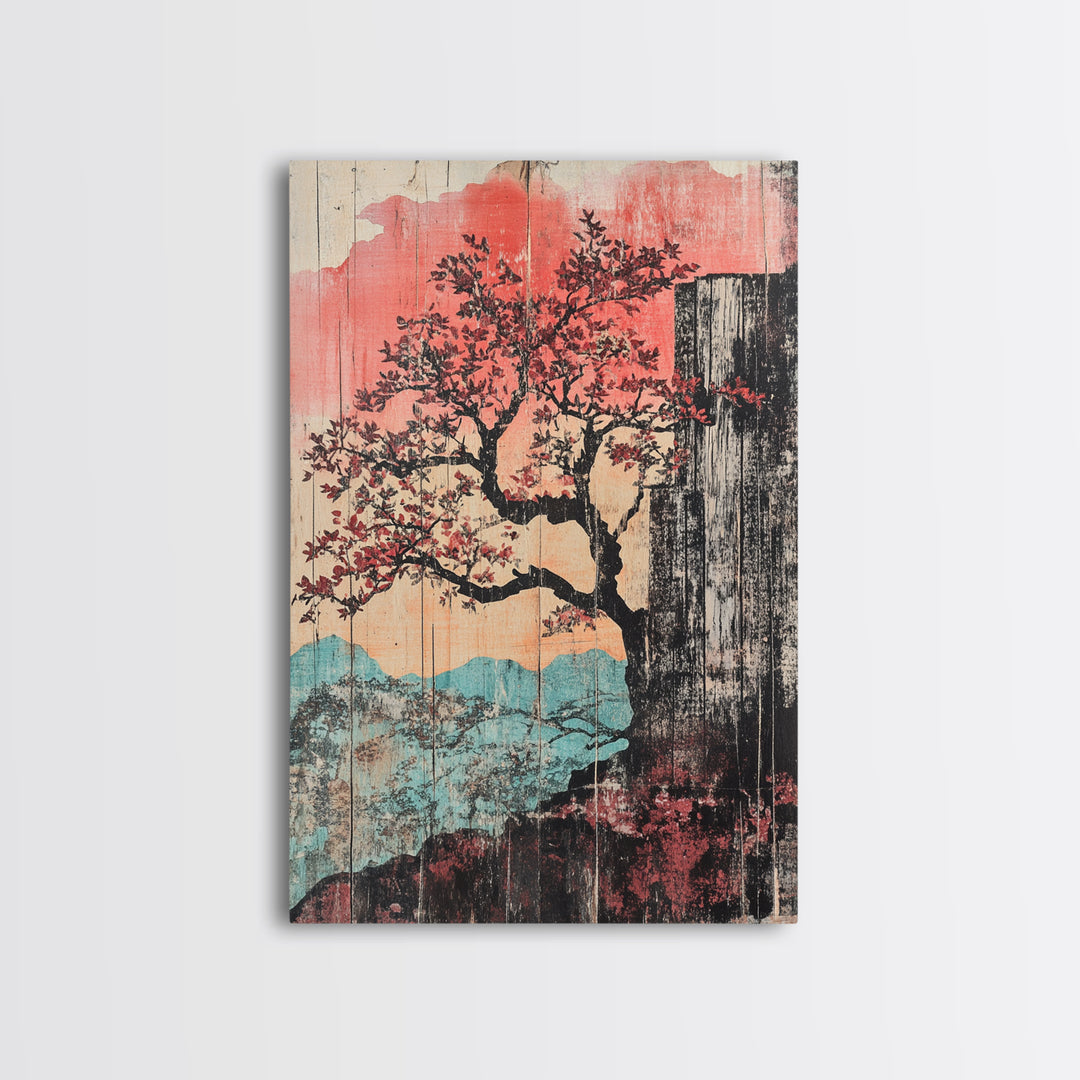 Cherry Blossom Waterfall Wall Art, Japanese Landscape Canvas Print, Pink Mountain Decor, Japandi Wall Decor, Large Art Print