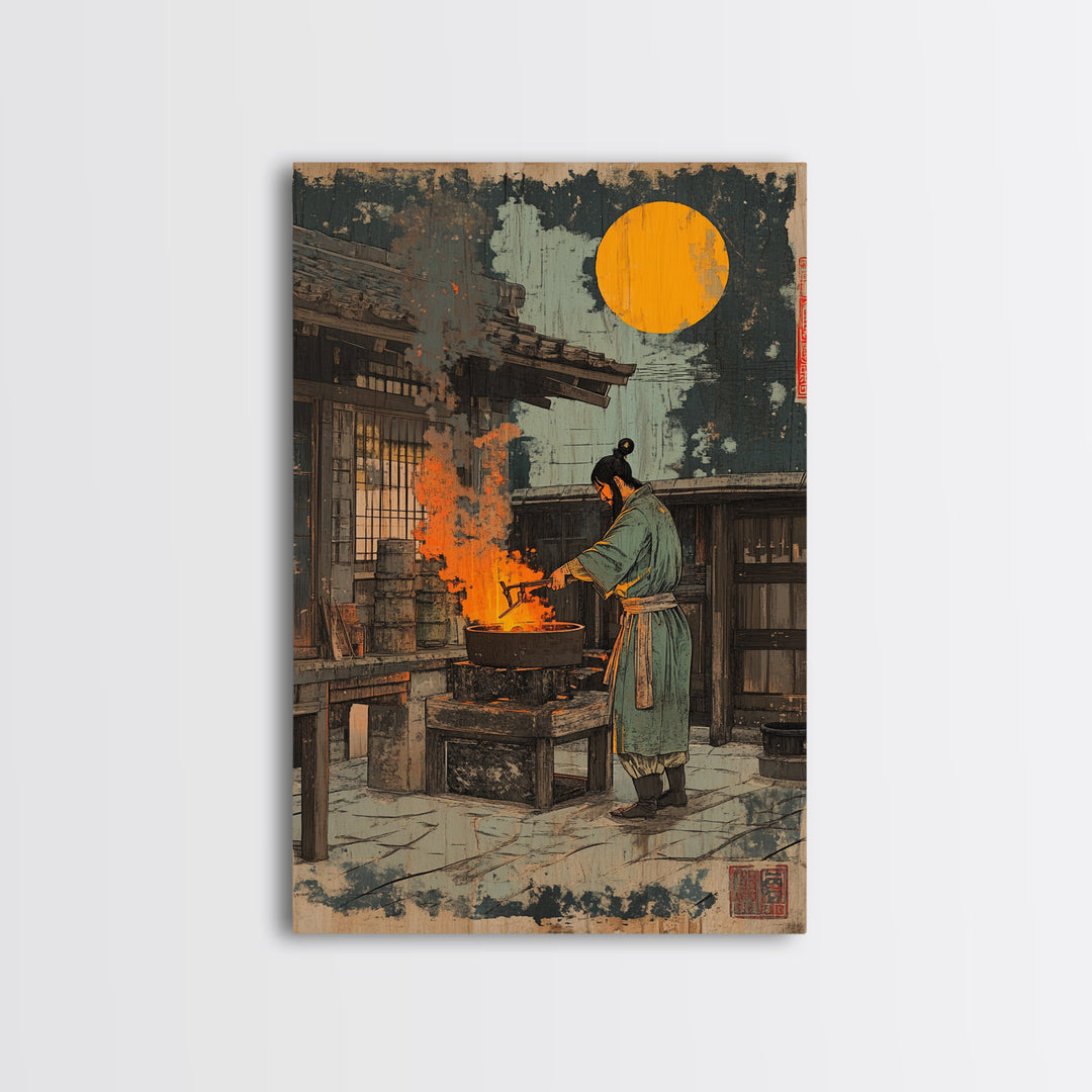 Japanese Blacksmith Night Wall Art, Moonlit Forge Canvas Print, Samurai Inspired Decor, Dramatic Ukiyo E Style Art Print