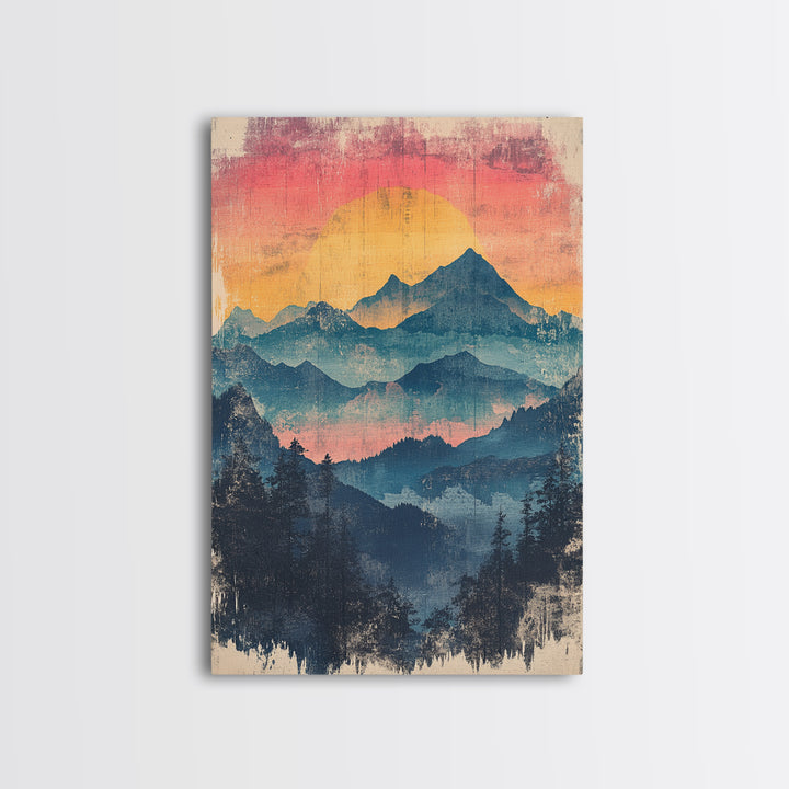 Misty Blue Mountain Sunset Wall Art, Layered Forest Landscape Print, Rustic Cabin Decor, Large Nature Living Room Art Gift