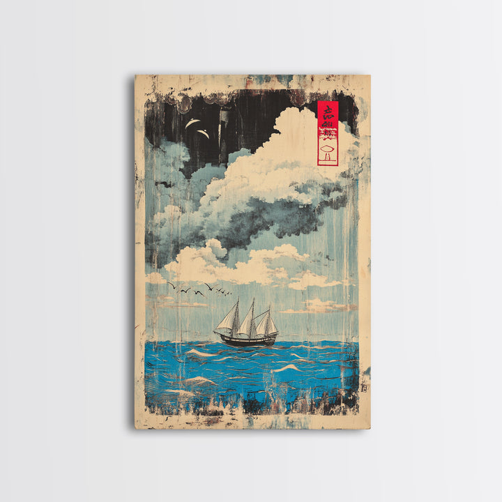 Sailboat Under Moonlit Clouds Canvas Print, Japanese Nautical Wall Art, Ocean Seascape Decor, Coastal Gift For Him And Her