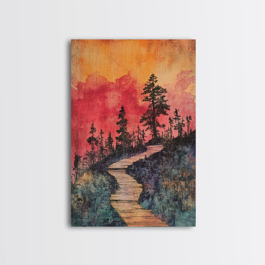 Winding Forest Path At Sunset Wall Art, Pink Orange Landscape Print, Rustic Cabin Decor, Cozy Nature Art For Bedroom Gift