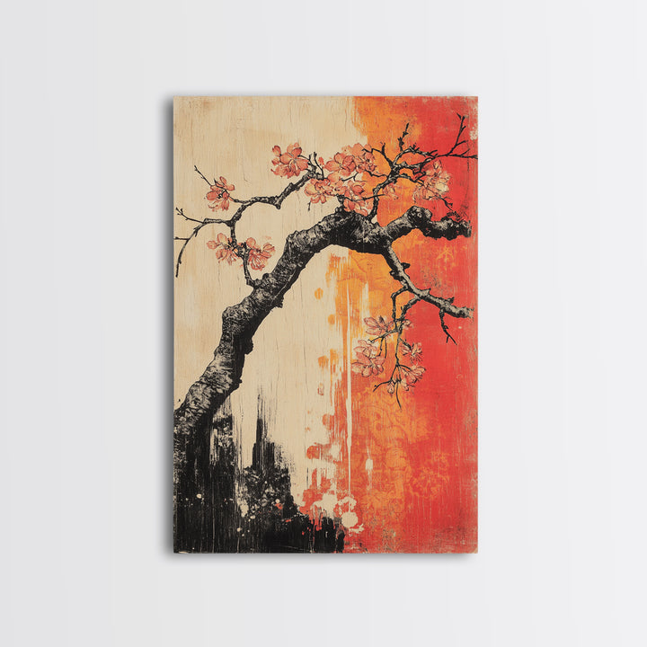 Cherry Blossom Branch Canvas Print, Japanese Floral Wall Art, Red Orange Botanical Decor, Japandi Living Room Art Gift Print