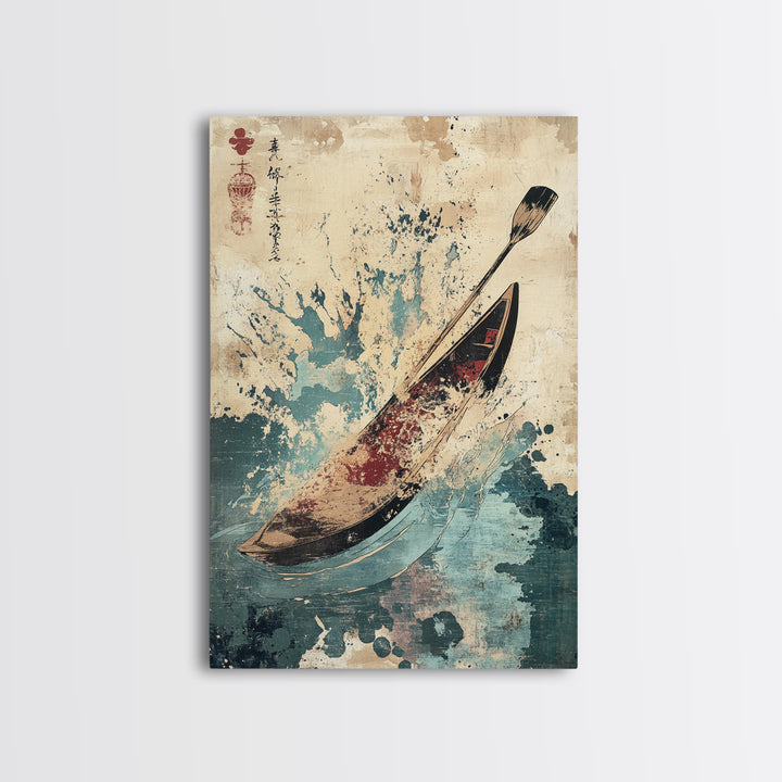 Canoe And Paddle Splash Canvas Print, Japanese Nautical Wall Art, Blue Ocean Decor, Adventure Travel Poster Gift For Coastal Home