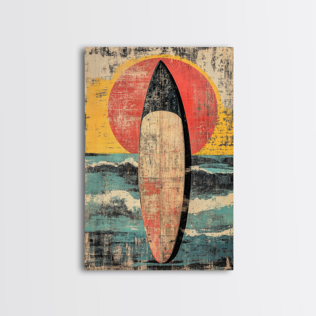 Retro Surfboard At Sunset Wall Art, Coastal Ocean Waves Print, Beach House Decor, Large Vertical Canvas For Surf Lovers Gift