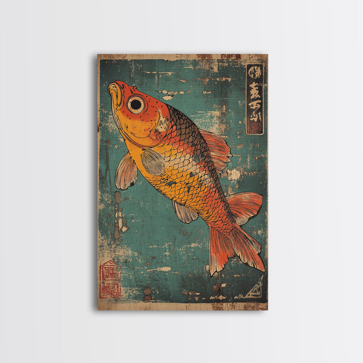 Orange Koi Fish Canvas Print, Japanese Animal Wall Art, Teal Blue Aquarium Decor, Nautical Coastal Gift For Fish Lover Home