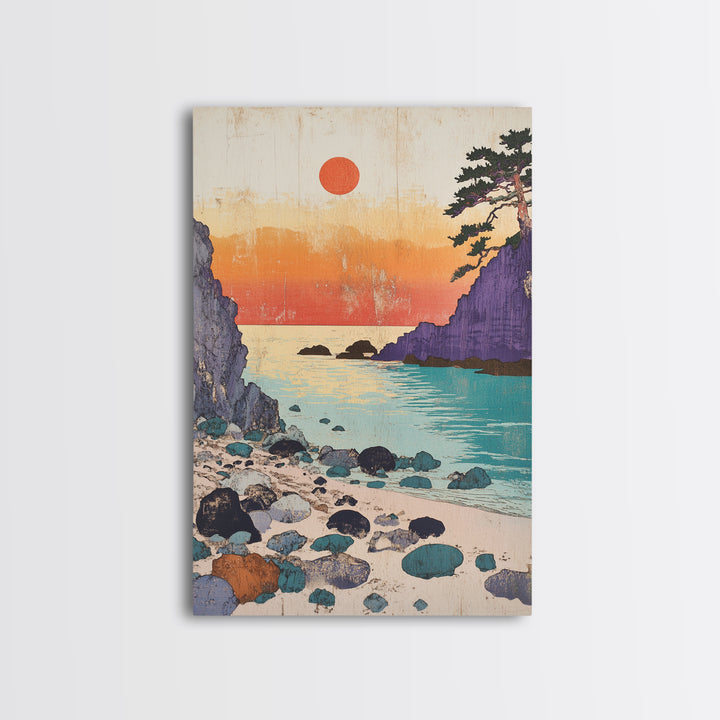 Purple Cliffs Sunset Cove Japanese Seascape Wall Art Coastal Print, Beach House Decor, Large Living Room Wall Decor Poster